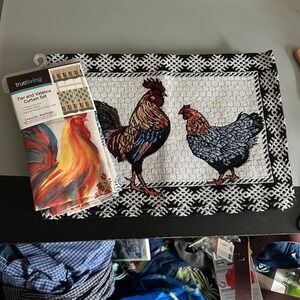 True Living Rooster Curtain Set 3pc Valance Tiers & 5 Woven Tapestry Placemats